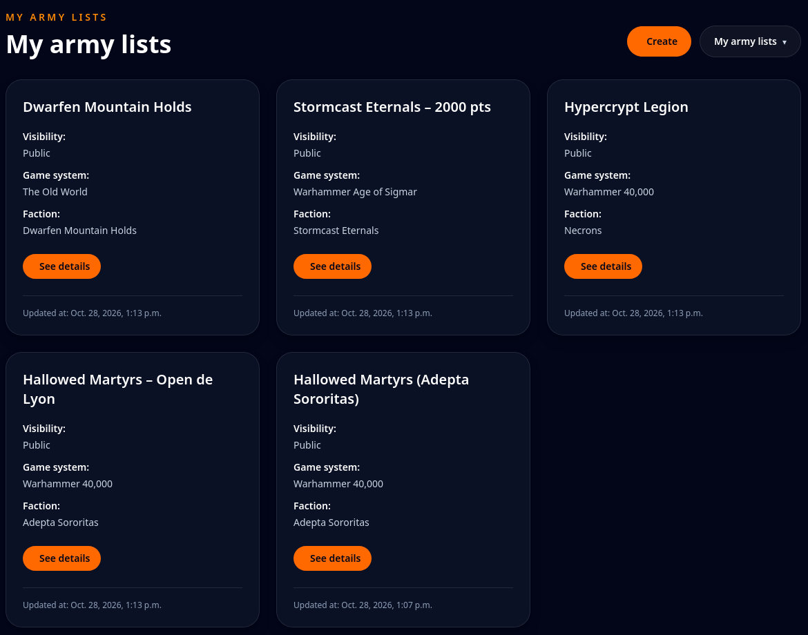 My lists page, with lists from several factions