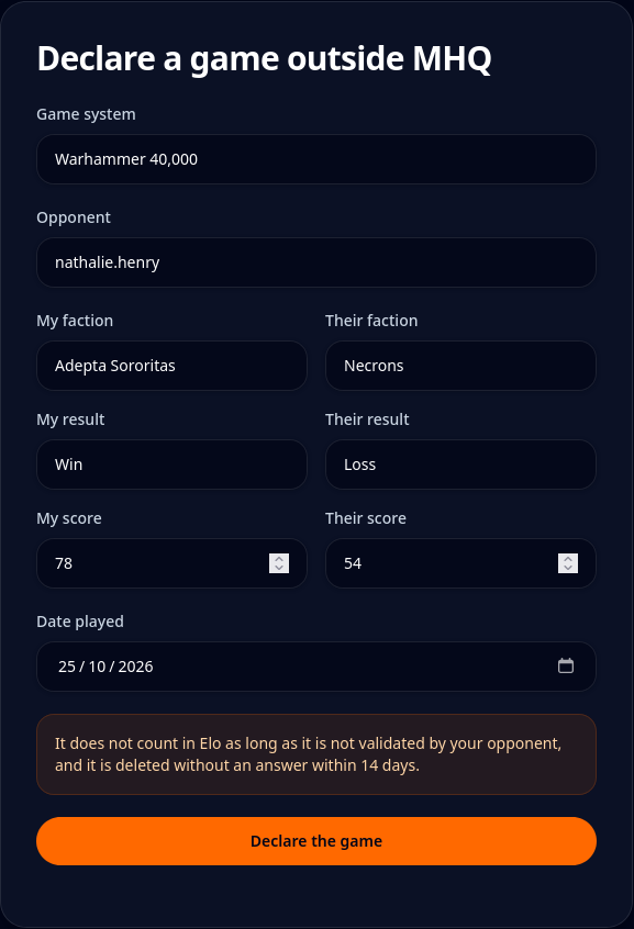 Form to declare a game outside MHQ
