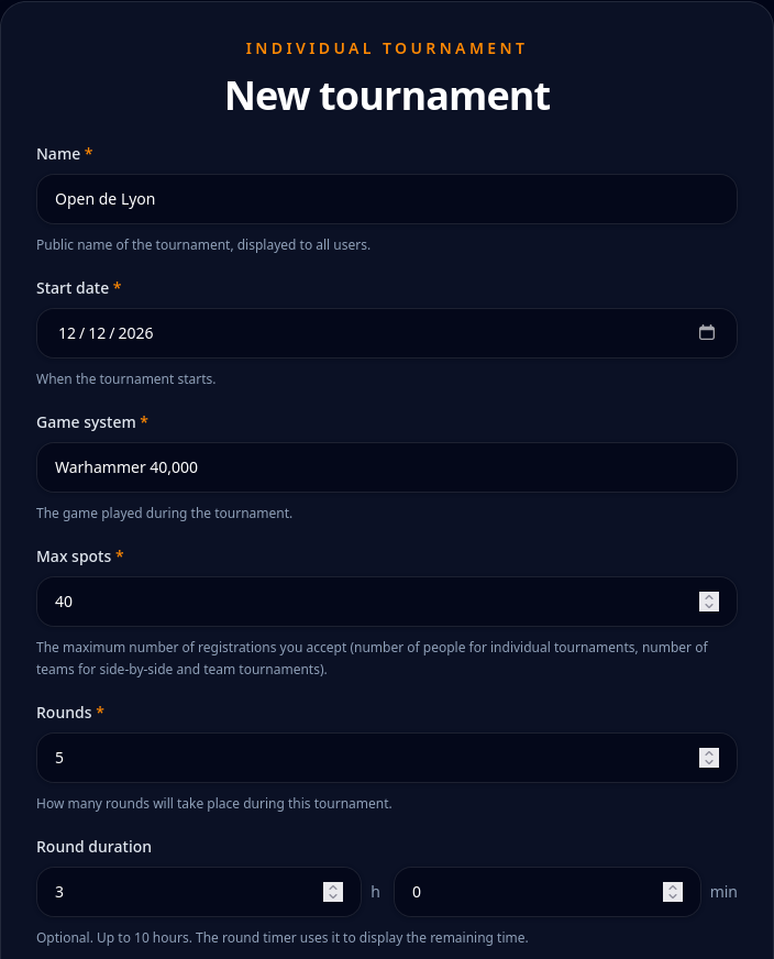 Solo tournament creation form, partially filled in